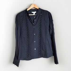 Jennifer & Grace Black Crochet Pintuck Blouse Size M Long Sleeve Button Boho